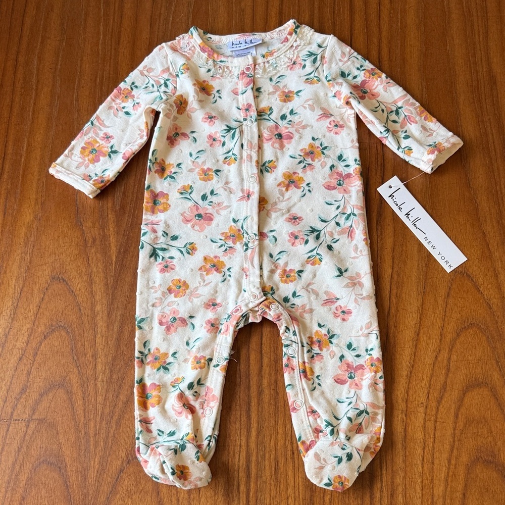 Nicole Miller Floral Footed Sleeper Pajamas 3-6M Cream Pink Cotton Blend NWT